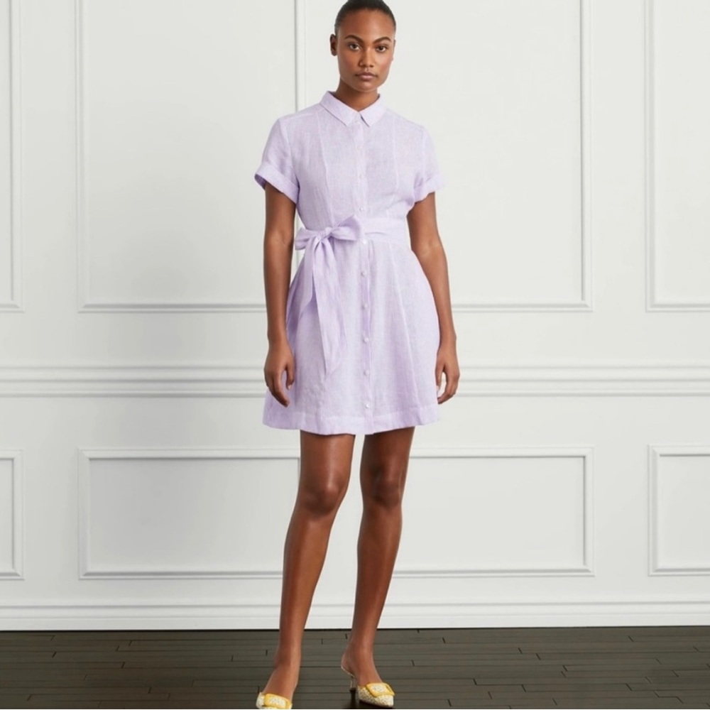 Hill House Laura Linen Lilac Shirt Dress with Tie Waist